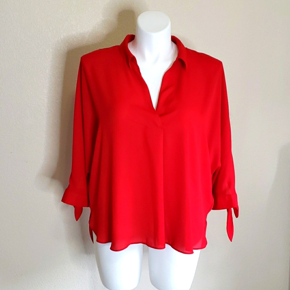 Worthington Red V-neck Blouse with ties on sleeves SZ XL
